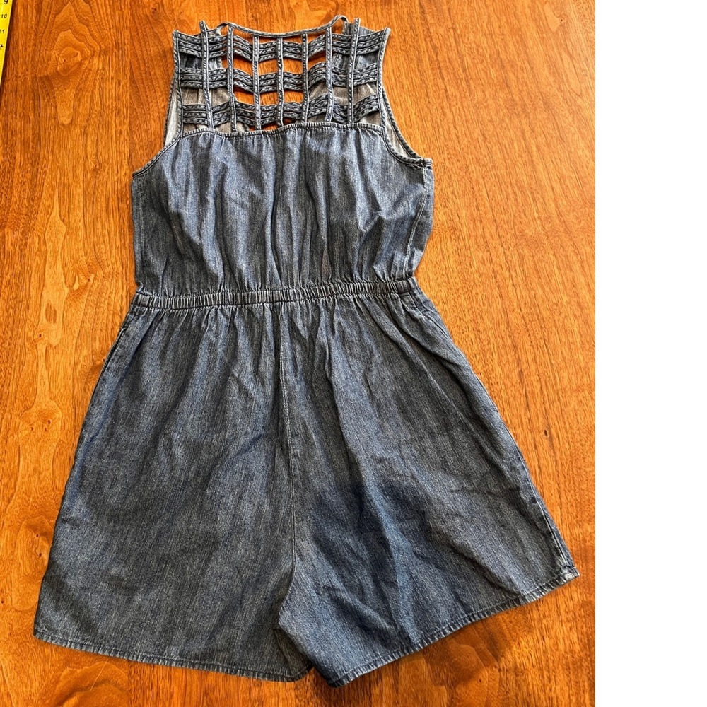 Jessica Simpson Womens Blue Chambray Lattice Back Wrap Romper Skort Small